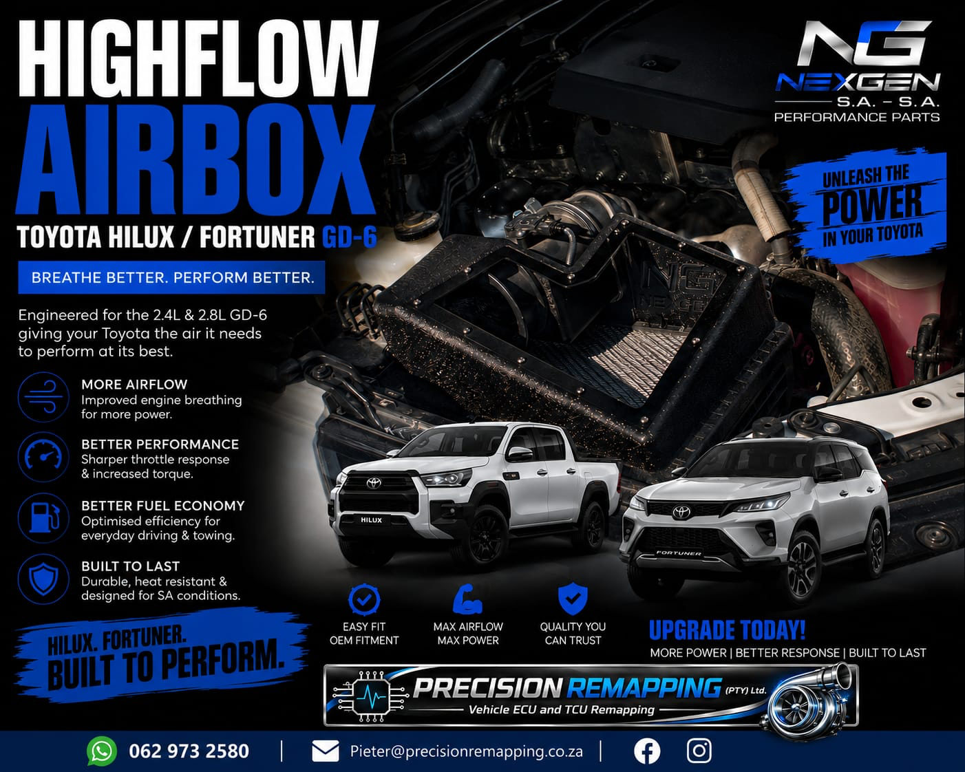 NexGen Highflow Airbox for Toyota Hilux and Fortuner GD-6, supplied by Precision Remapping