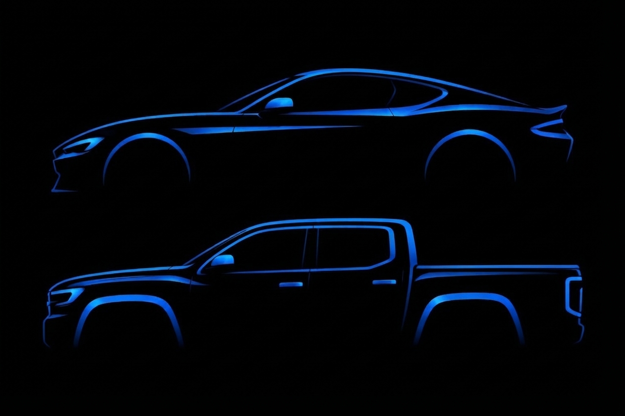 Blue neon silhouettes of a performance car and bakkie on a dark background
